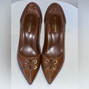 YVES SAINT LAURENT brown leather cross-stitch studded heels
